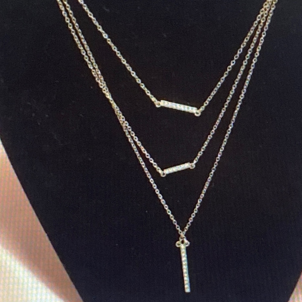 Triple Chain Goldtone Necklace With Crystal Bars